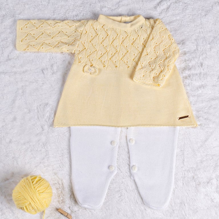 Saída Maternidade Tricot Vestido com Laços Amarelo Camomila 02 Peças