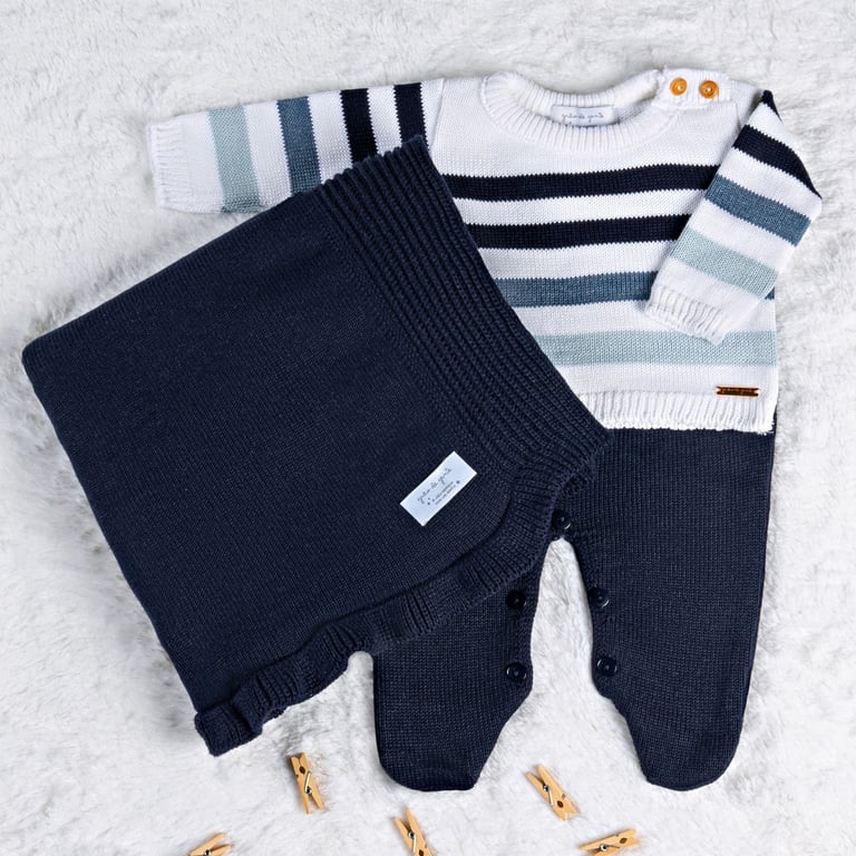 Saída Maternidade Tricot Degradê Listrado Azul Marinho 03 Peças