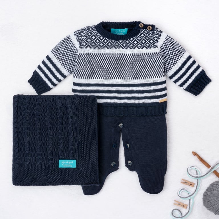 Saída Maternidade Tricot Geométrico Azul Marinho 03 Peças