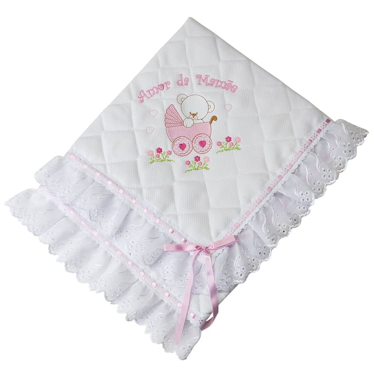 Manta Piquet Ursinha no Carrinho Rosa 75cm