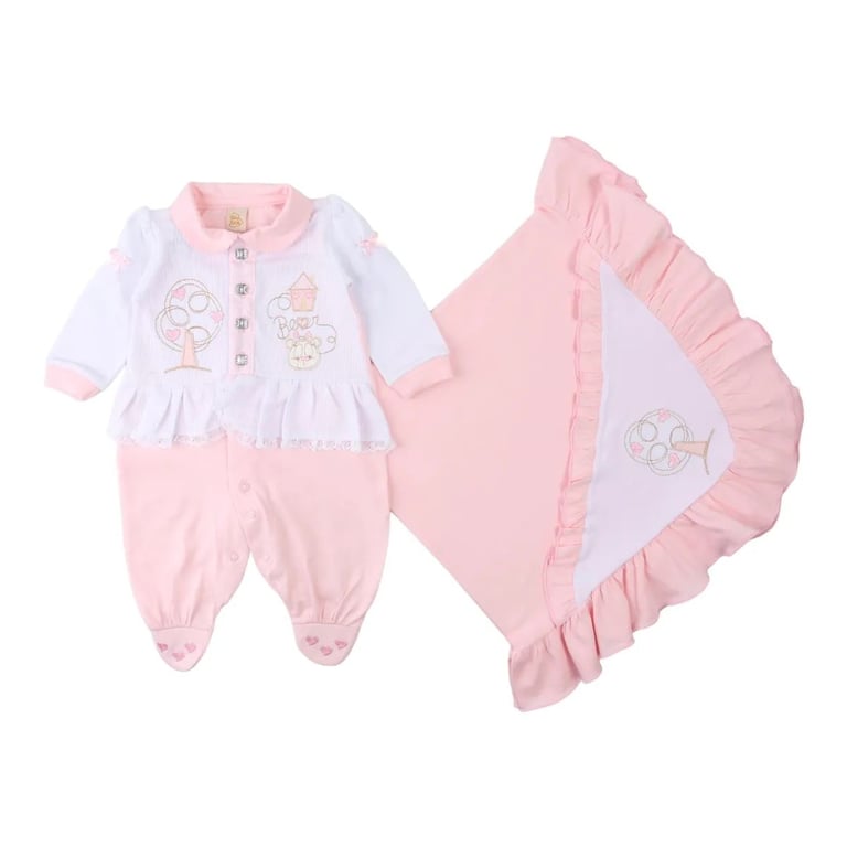 Saída de Maternidade Din Don Bordado Casinha Urso Rosa Claro