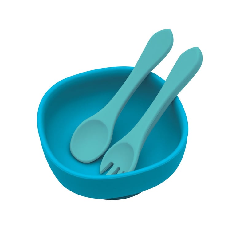 Kit Refeição de Silicone Bowl com Talheres e Ventosa Azul