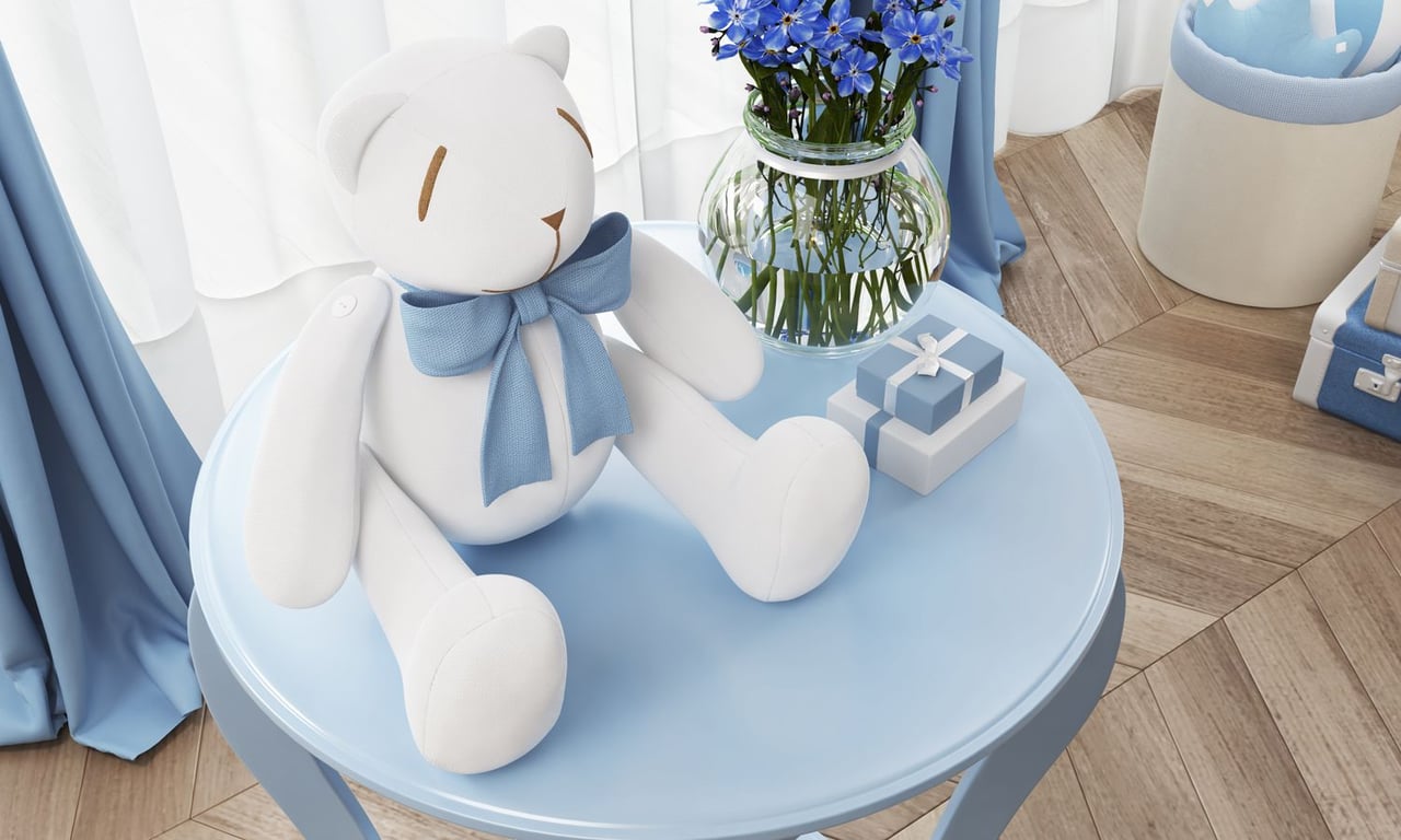 Urso Branco com Laço Azul Bebê 25cm