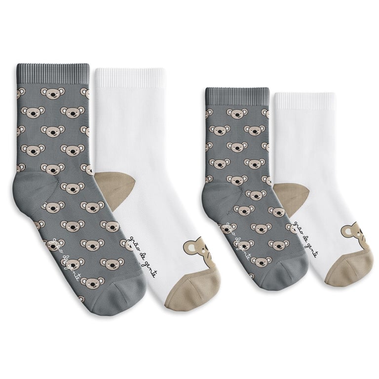Kit Meia Bebê Tal Pai Tal Filho Trocapé Coala Cinza e Branco 4 Pares Tam 13/20 e 39/43