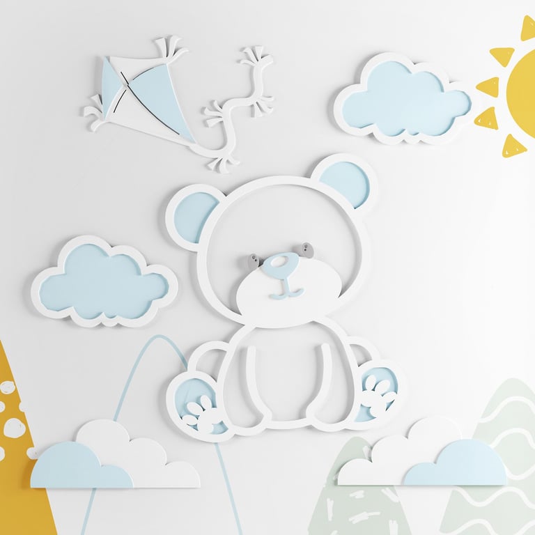 Painel Decorativo Ursinho e Pipa Azul 6 Peças