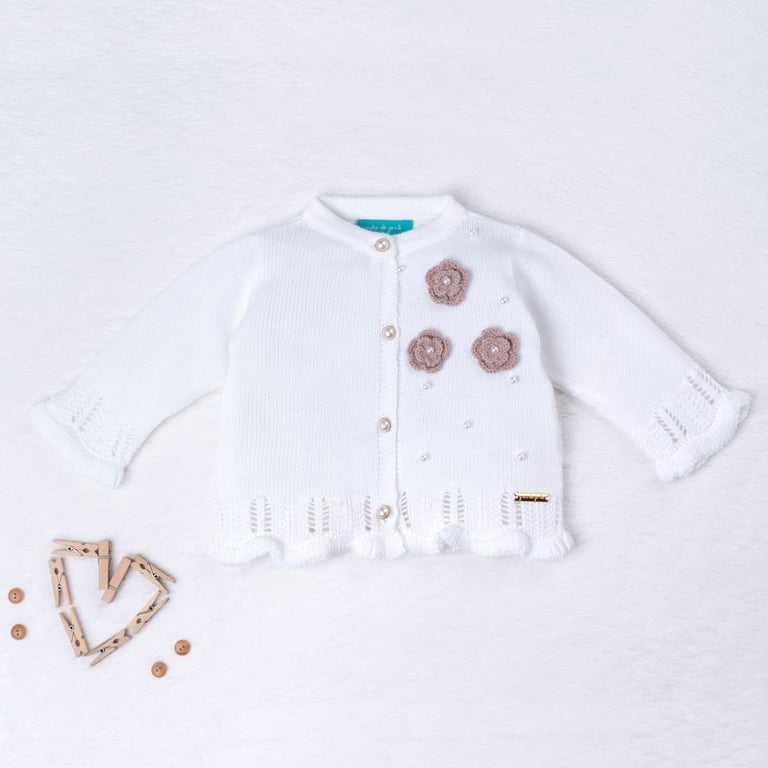 Casaquinho Tricot Ladylike Flor Branco e Nude Rosé