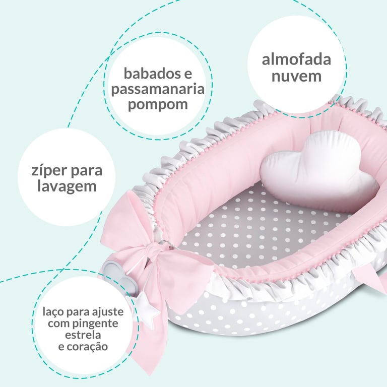 Ninho para Bebê Redutor de Berço Poá Rosa/Branco 80cm