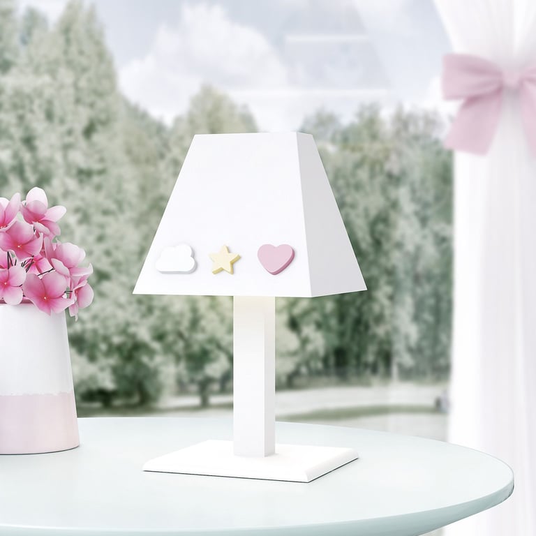 Abajur MDF Nuvem, Estrela e Coração Rosa