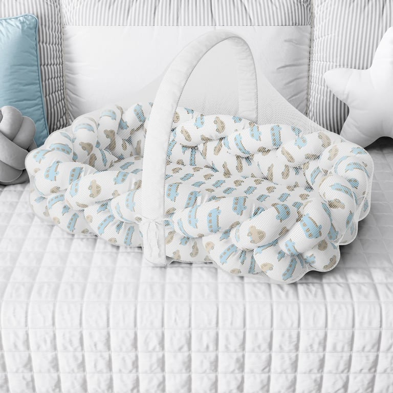 Ninho para Bebê Trança com Mosquiteiro Carrinhos Azul Marinho 80cm
