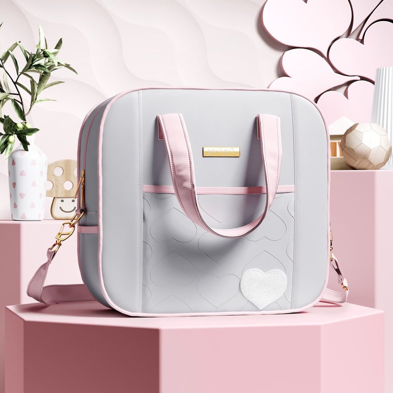 Bolsa Maternidade Coração Rosa e Cinza 34cm