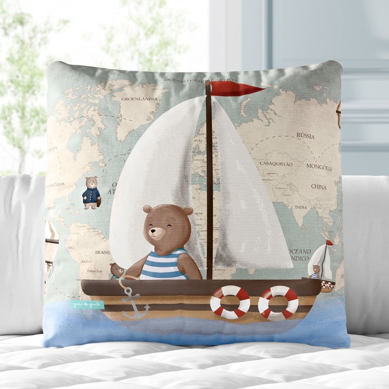 Almofada Quadrada Teddy Marinheiro Pelo Mundo 30cm