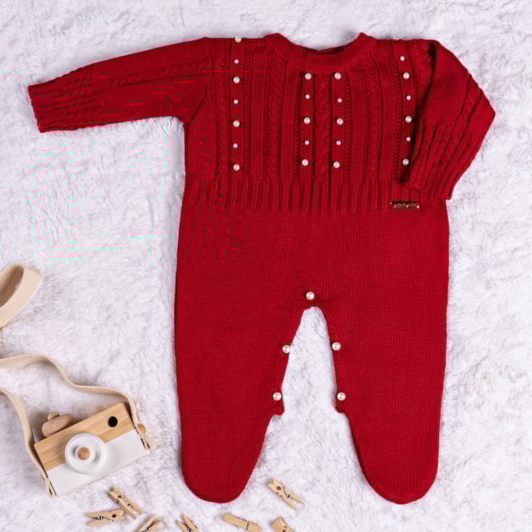 Saída Maternidade Tricot Trança e Pérola Vermelho 02 Peças