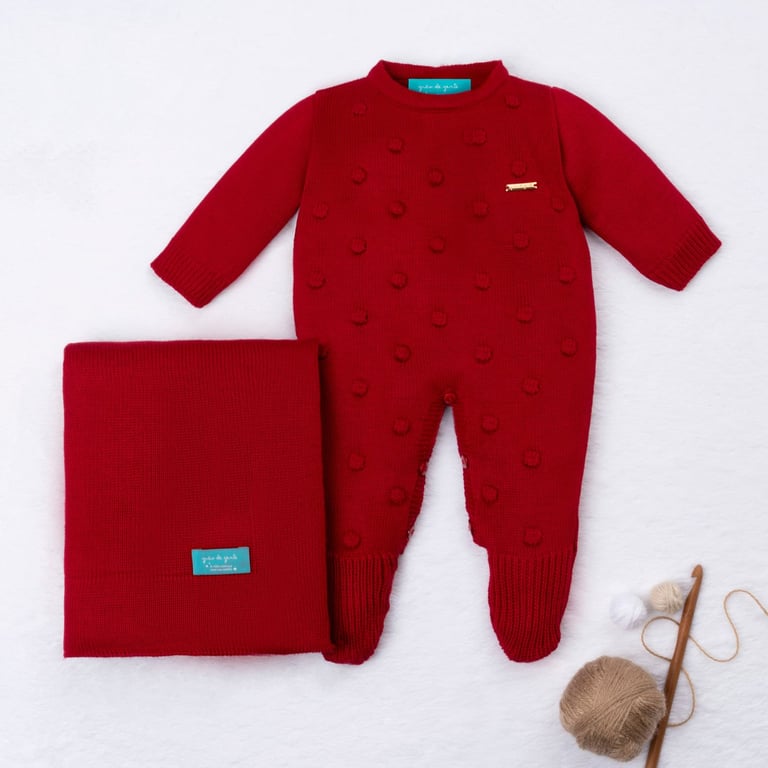 Saída Maternidade Tricot Bolinha Vermelho 02 Peças