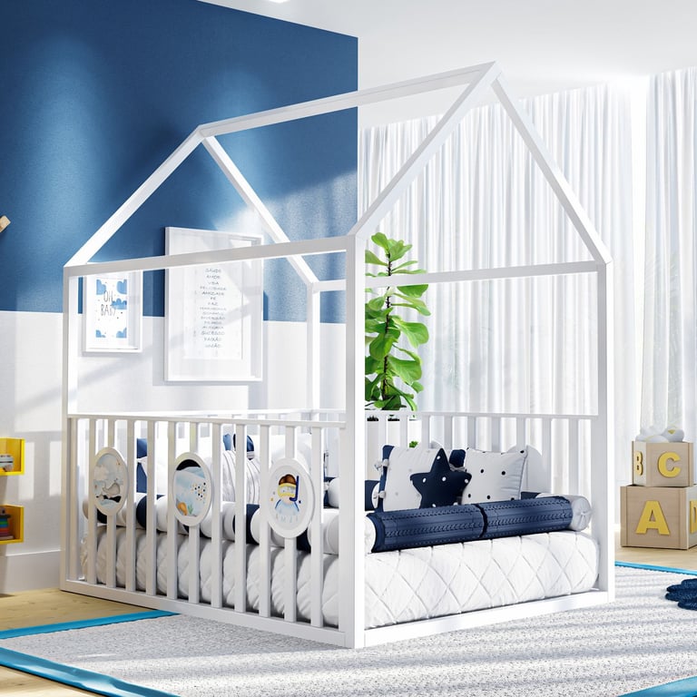 Cama Casinha Montessoriana Padrão Casal com Grade Branco
