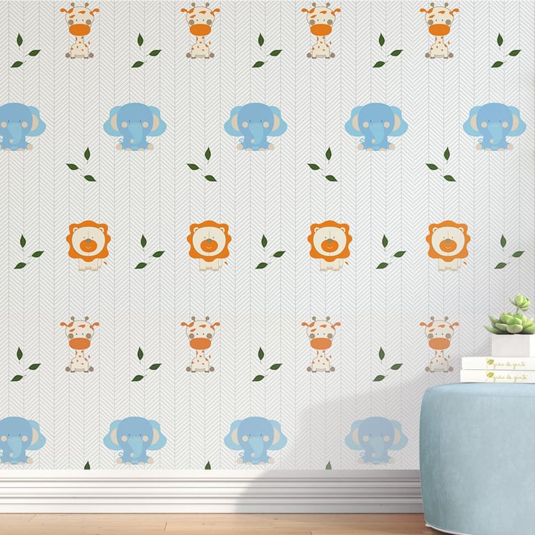 Papel de Parede Elefante, Leão e Girafa Brincadeira na Selva 3m