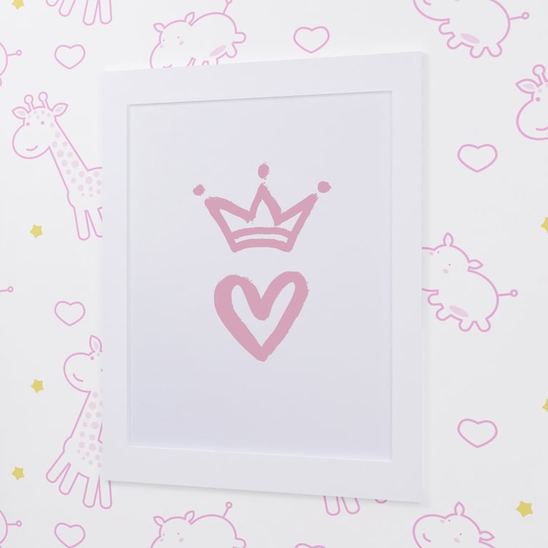 Quadro Coração com Coroa Branco e Rosa 33cm