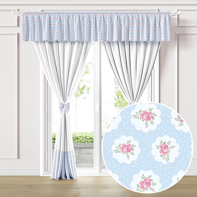 Cortina Infantil e Bebê Floral Liberty Poá Azul