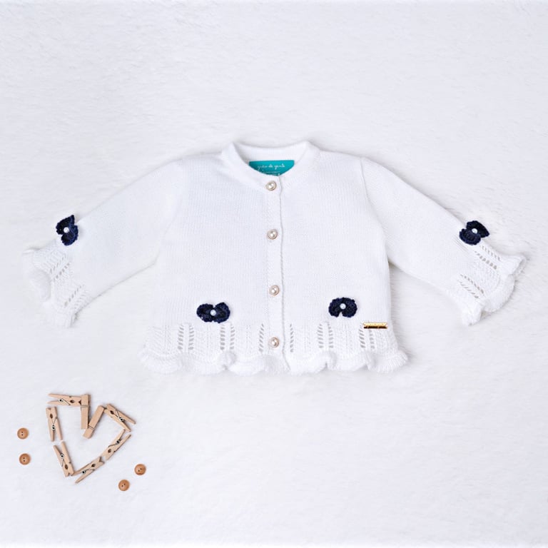 Casaquinho Tricot Ladylike Pérola Branco e Azul Marinho