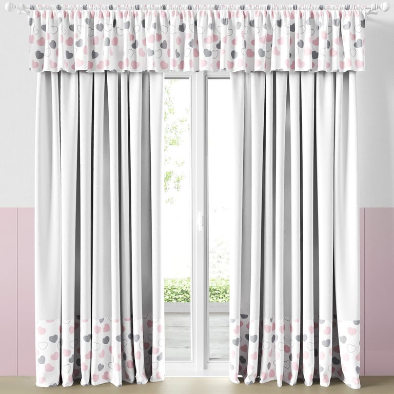 Cortina Infantil e Bebê Corações Rosa e Cinza