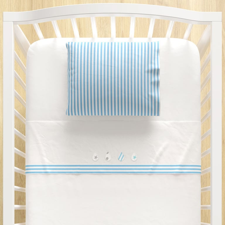 Jogo de Lençol Berço Bordado Gotinhas e Listras Azul 3 peças