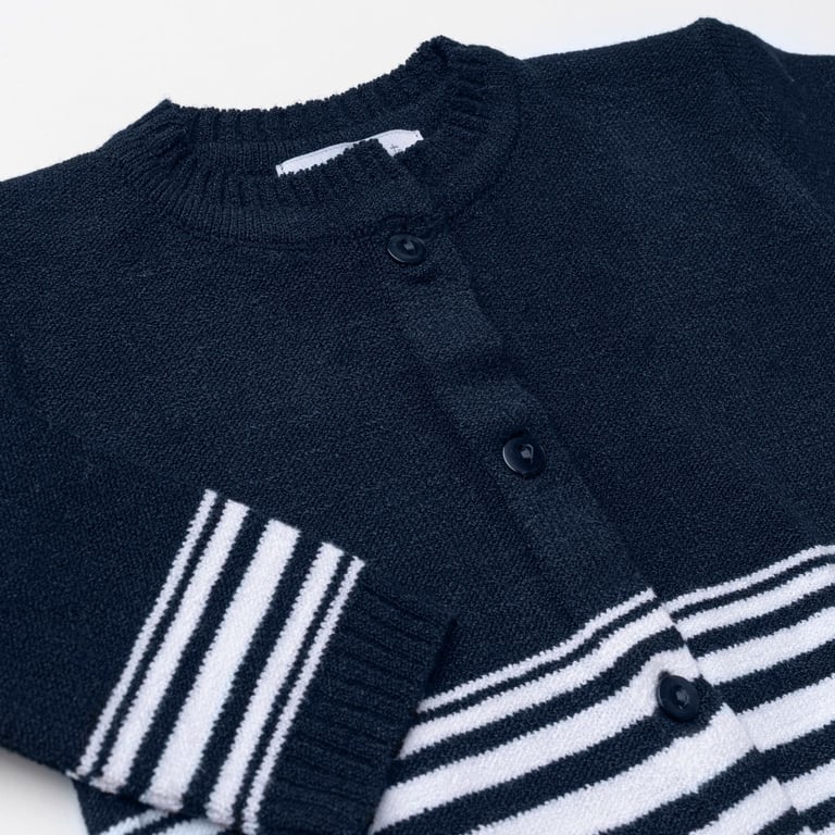 Saída Maternidade Tricot Cardigan e Calça Listras Marinho e Branco 02 Peças