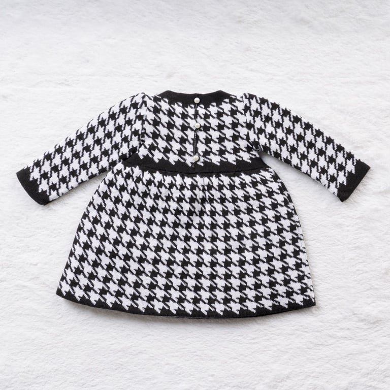 Vestido Tricot Jacquard Pied de Poule com Laço Preto