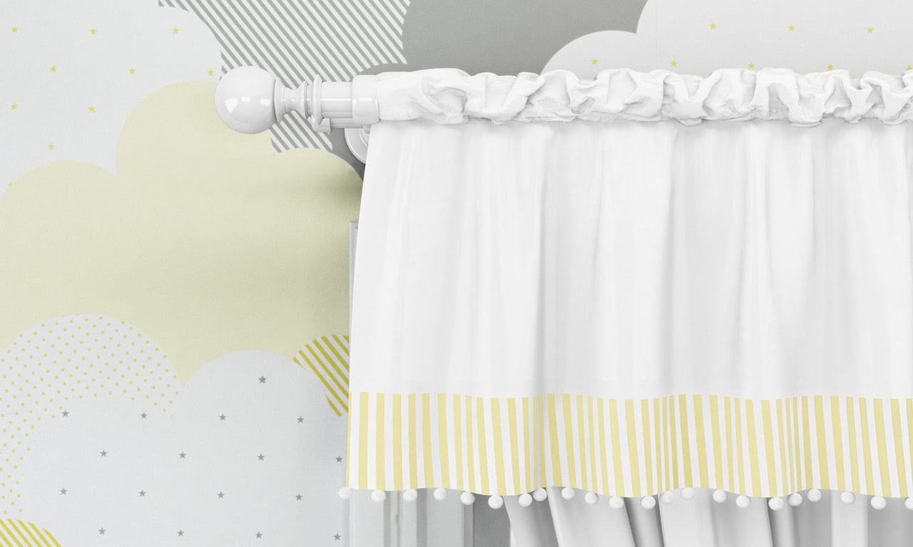 Cortina Listrada com Pompons Azul/Branco — vista alternativa