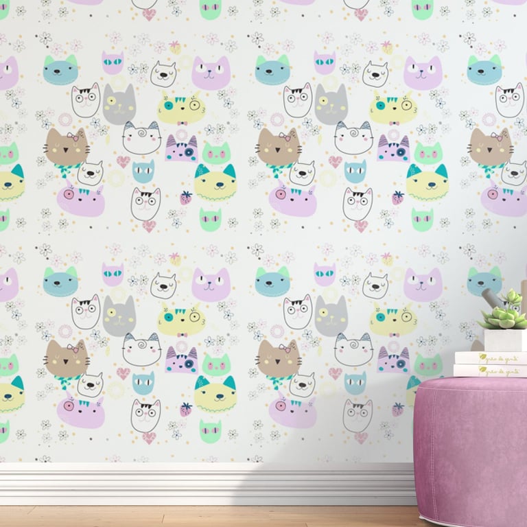 Papel de Parede Fantasia, Gatos e Flores 3M