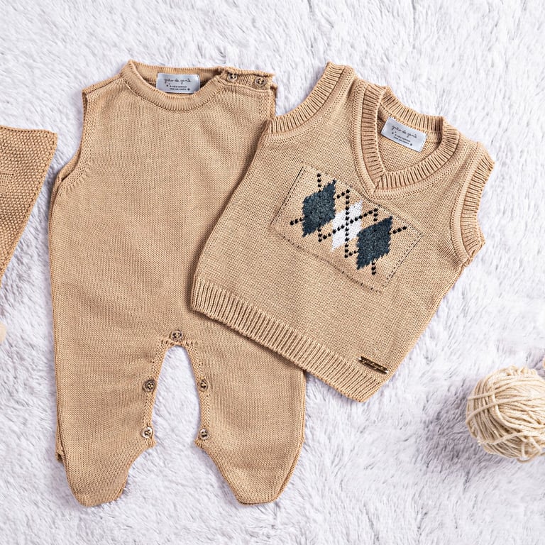 Saída Maternidade Tricot Argyle Avelã 03 Peças