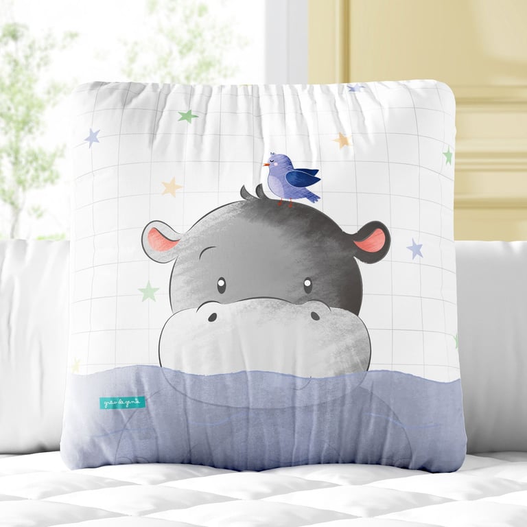 Almofada Quadrada Hipopótamo e Passarinho 30cm
