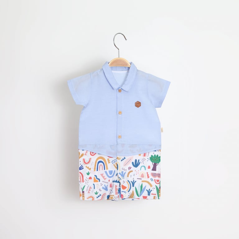Macaquinho Bebê Shorts Estampado Camisa Polo Azul M