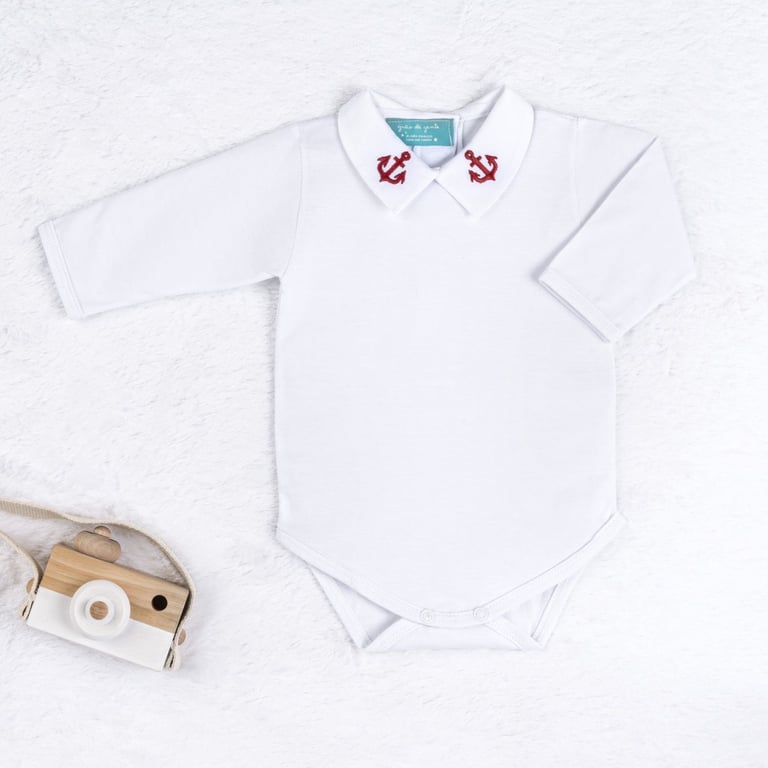 Body Manga Longa Bordado Âncora Navy Azul