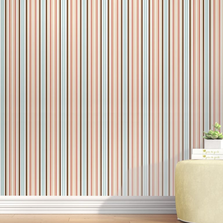 Papel de Parede Listrado Azul, Salmão, Coral e Marrom 3m