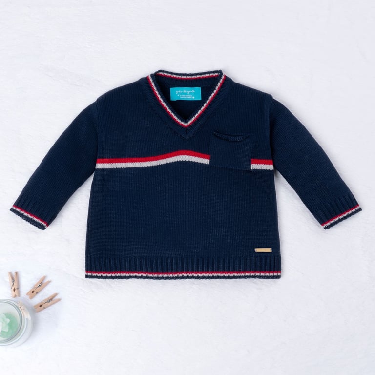 Conjunto Tricot Suéter e Calça Baseball Listras Bege e Azul Marinho 02 Peças