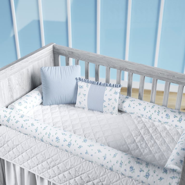 Kit Berço Rolinhos Floral Liberty Azul 8 Peças