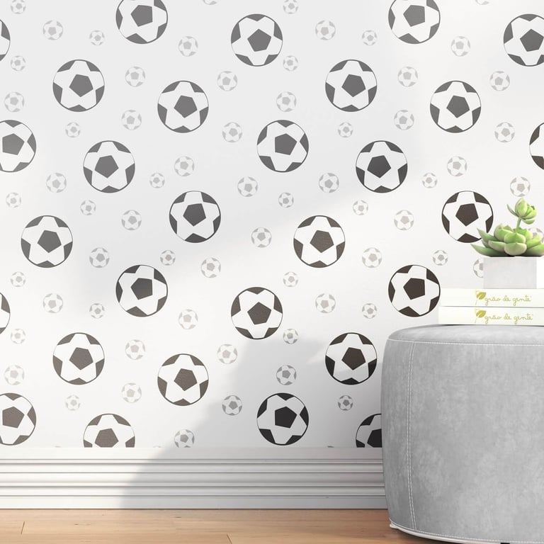 Papel de Parede Bolas de Futebol Cinza 3m