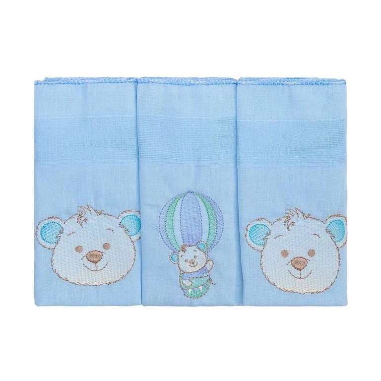 Kit Fralda de Pano Luxo Incomfral Bublim Bordada Azul 03 Peças