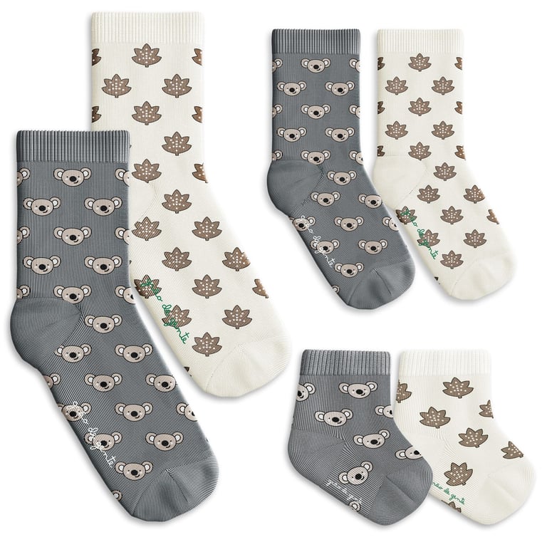 Kit Meia Tal Pai Tal Filhos Trocapé Coala e Folhas Cinza e Off White 6 Pares Tam 13/20, 25/28 e 39/43