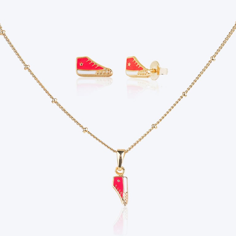 Conjunto Infantil Colar e Brincos Tênis Pink com Bolinhas Ouro