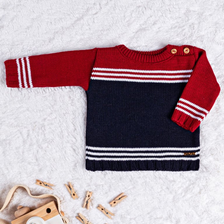 Saída Maternidade Tricot Listra Vermelho e Azul Marinho 03 Peças — vista alternativa