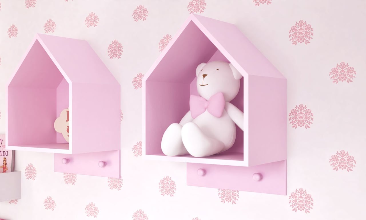 Nicho de Madeira Casinha com Cabideiro Rosa 40cm