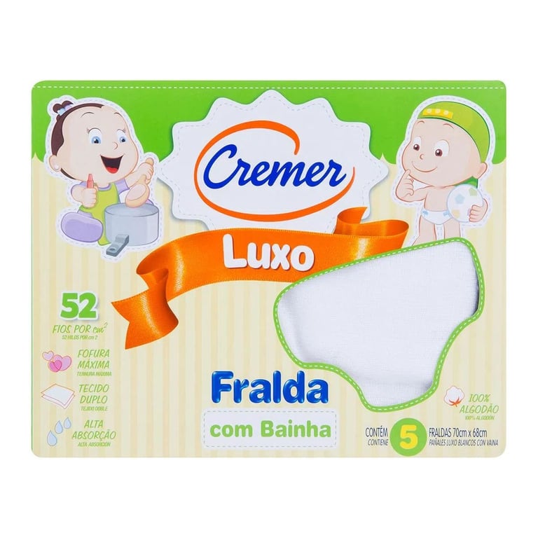 Fralda Luxo Cremer Com Bainha e Tecido Duplo 5 Unidades