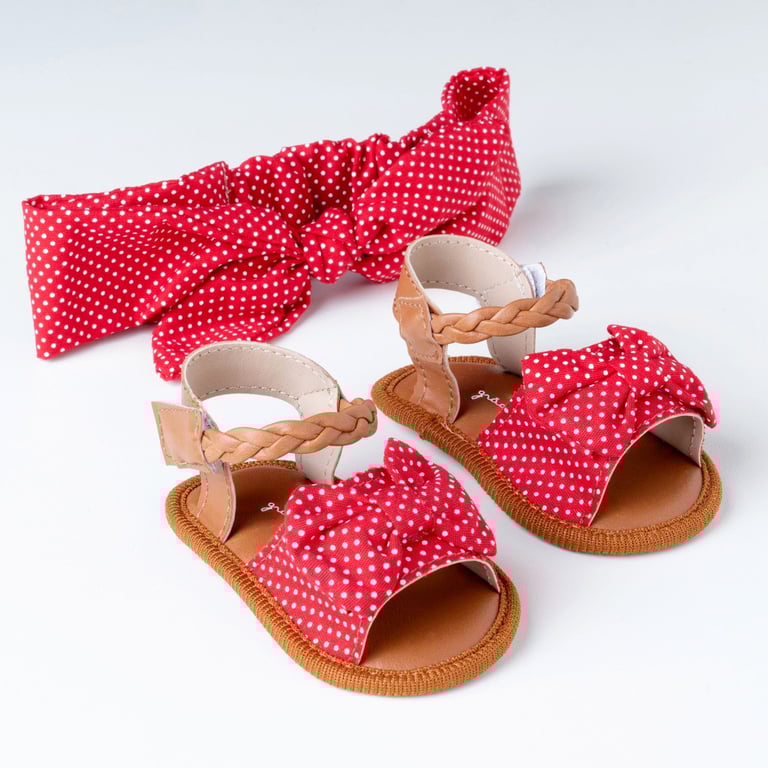 Sandália de Bebê com Faixa de Cabelo Maxi Lacinho Poá Vermelho Tam 15