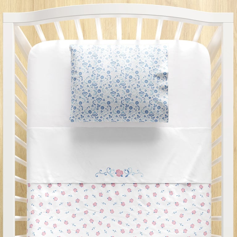 Jogo de Lençol Berço Floral Liberty Rosa e Azul 3 peças