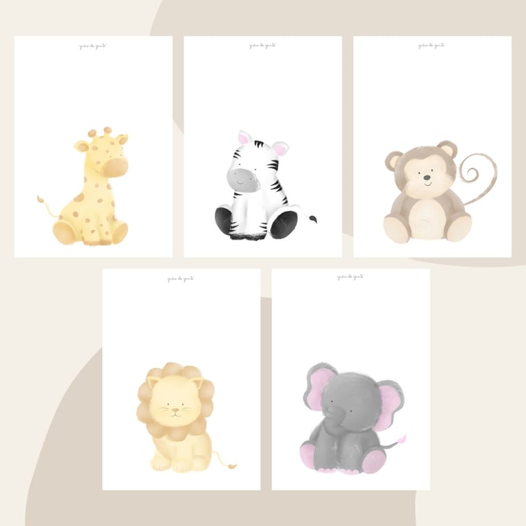 Kit Pôster Adesivo Amiguinhos Safári 5 peças