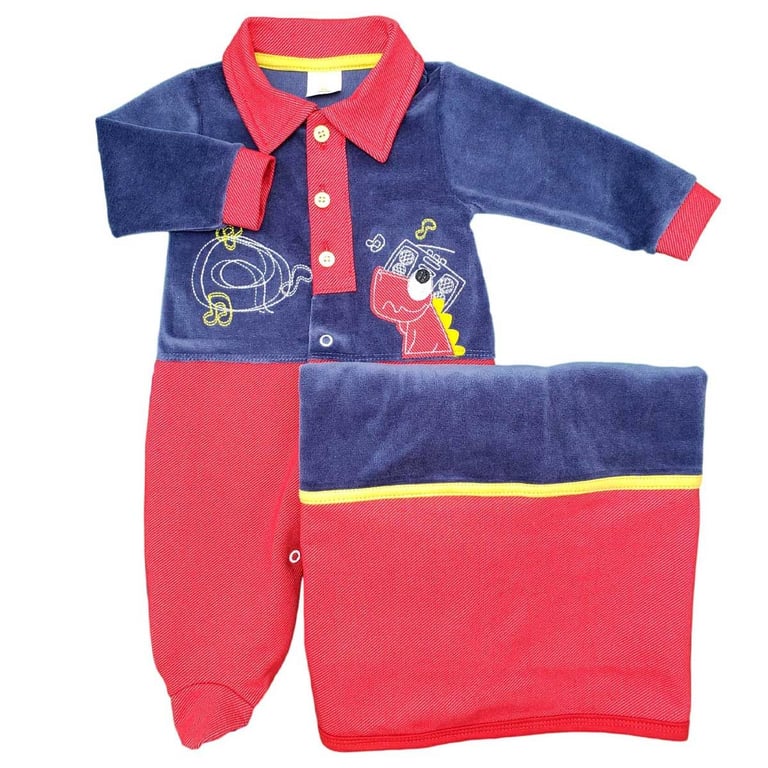 Saída Maternidade Presente Anjo Em Plush Bordado Dino Vermelho + Manta