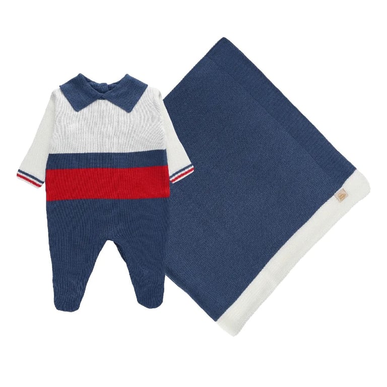 Saída Maternidade Din Don em Linho Listras Azul