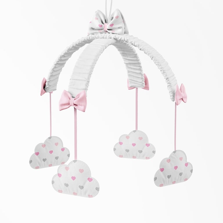 Móbile Nuvem Coração Rosa e Cinza