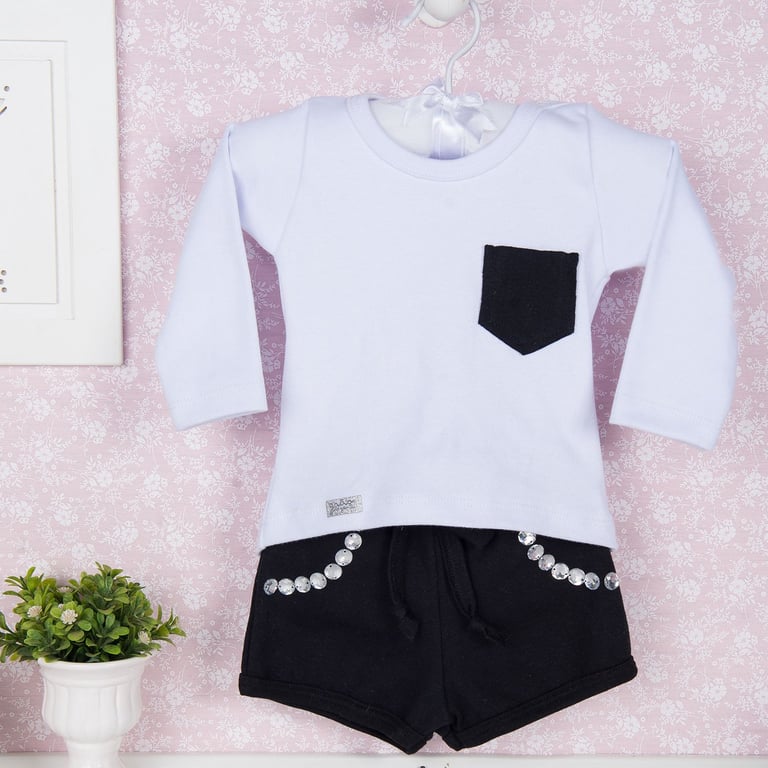 Conjunto Manga Longa e Short Com Pedraria 9 a 12 Meses