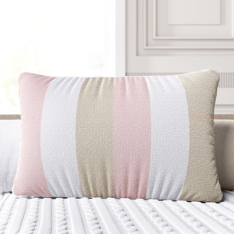 Almofada Tricot Listras Rosa/Branco e Bege 45CM